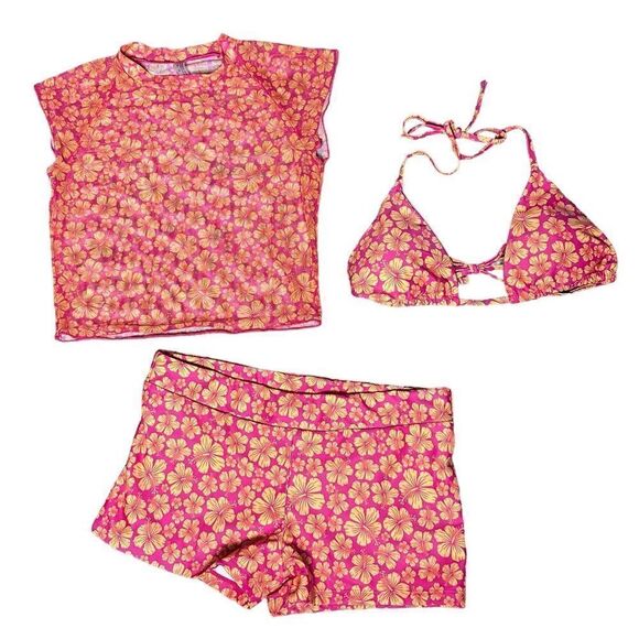 Shein Orange Pink Floral Y2K Neon Orange Sheer Two Piece Swimsuit - Picture 7 of 9